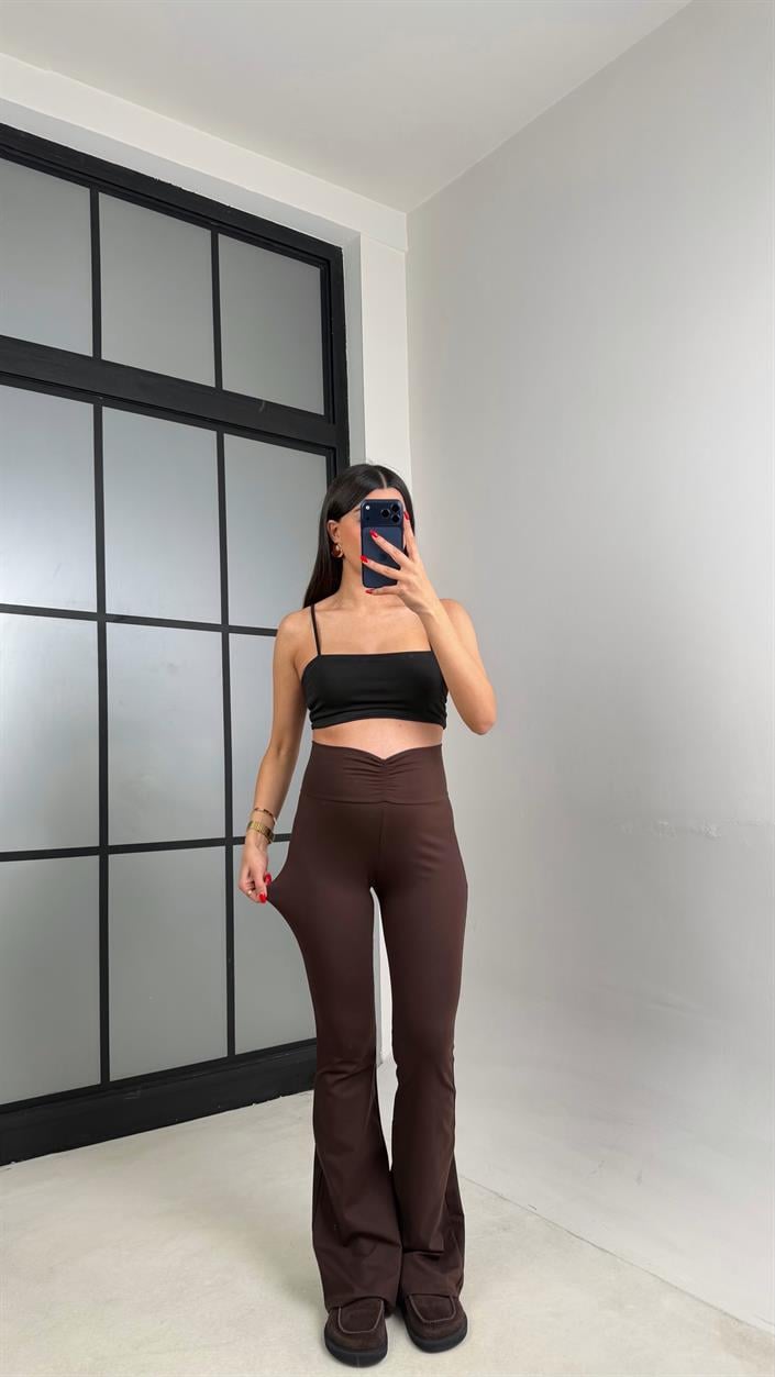 Kahve Drape Detaylı İspanyol Paça Tayt GAUS-01045