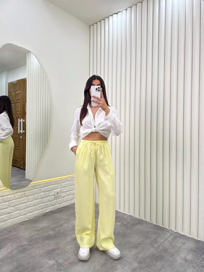 Sarı Beli Lastikli Cepli Tensel Pantolon Gaus00314