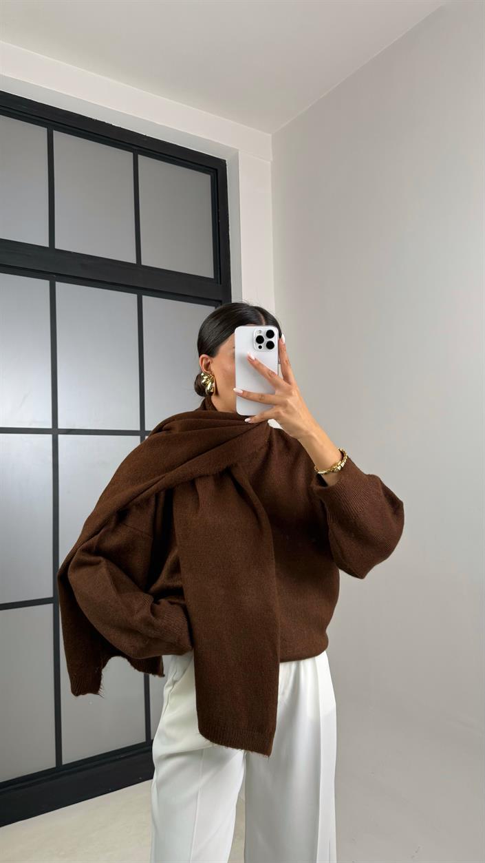 Kahve Şal Detaylı Triko Kazak GAUS-00524