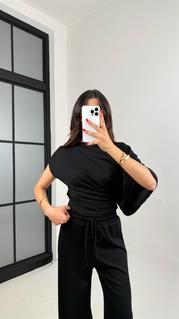 Siyah Yarasa Kol Bluz Beli Lastikli Pantolon Tasarım Modal Kumaş Takım Gaus00490