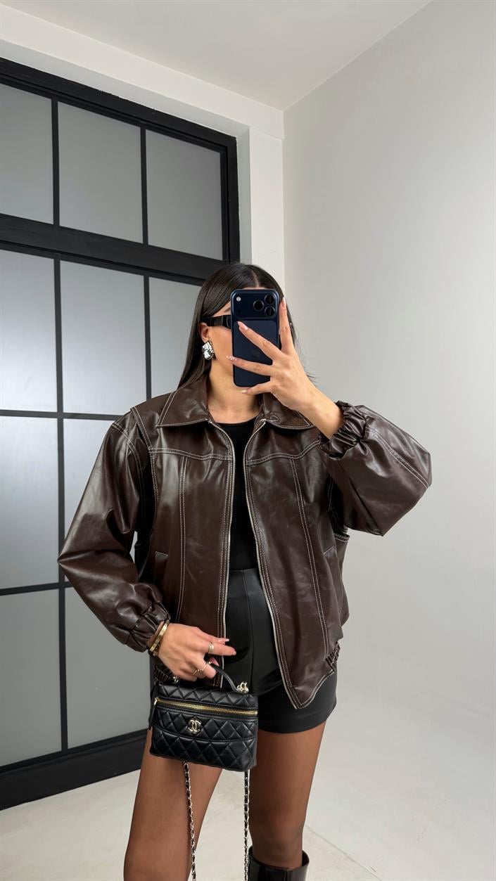 Kahve Dikiş Detaylı Astarlı Deri Ceket GAUS-00908