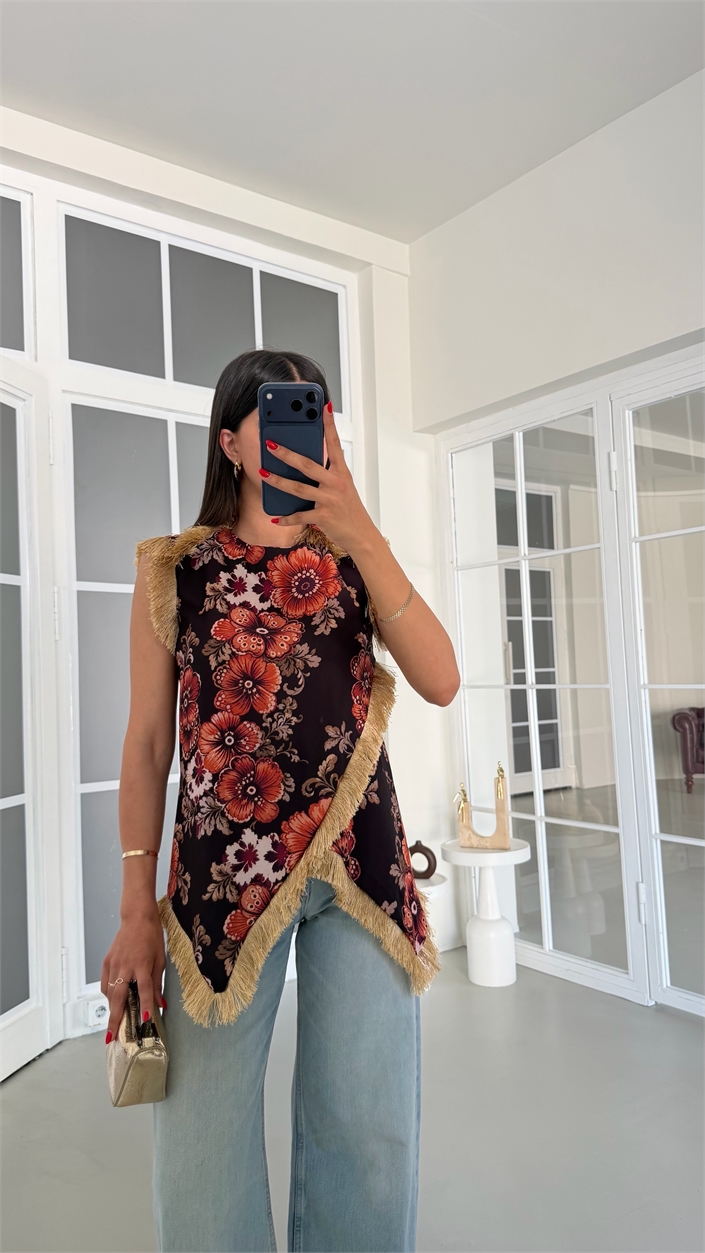 Çok Renkli Çiçek Desenli Püsküllü Tasarım Bluz GAUS-01866