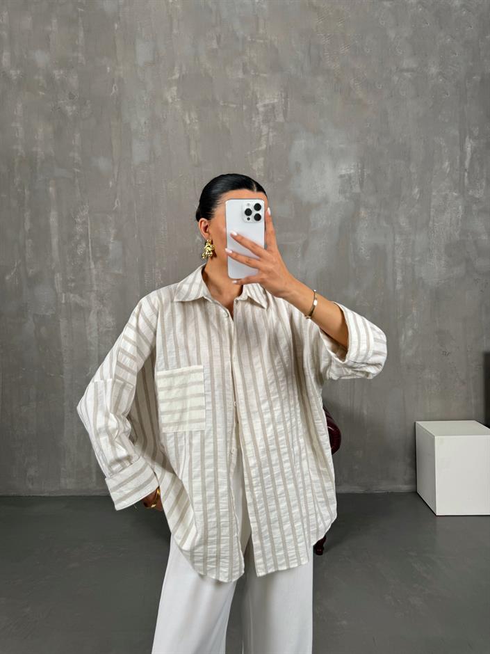 Vizon Çizgili Oversize Keten Gömlek Gaus00017