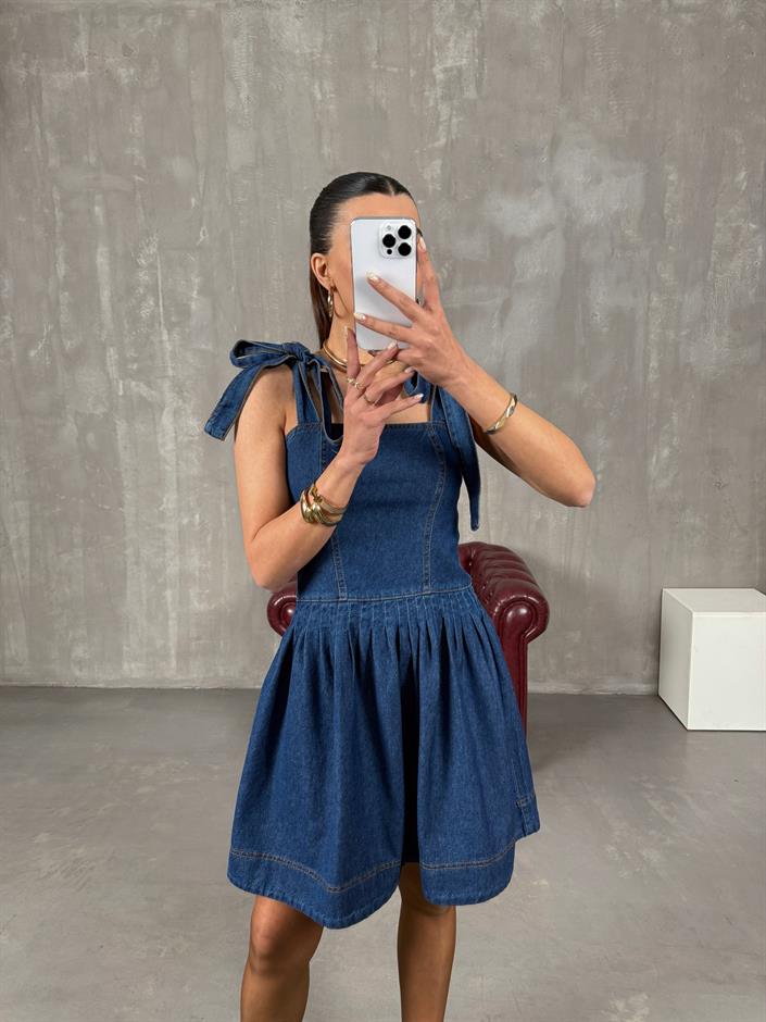 Parida Lacivert Omuz Bağlamalı Tasarım Denim Elbise