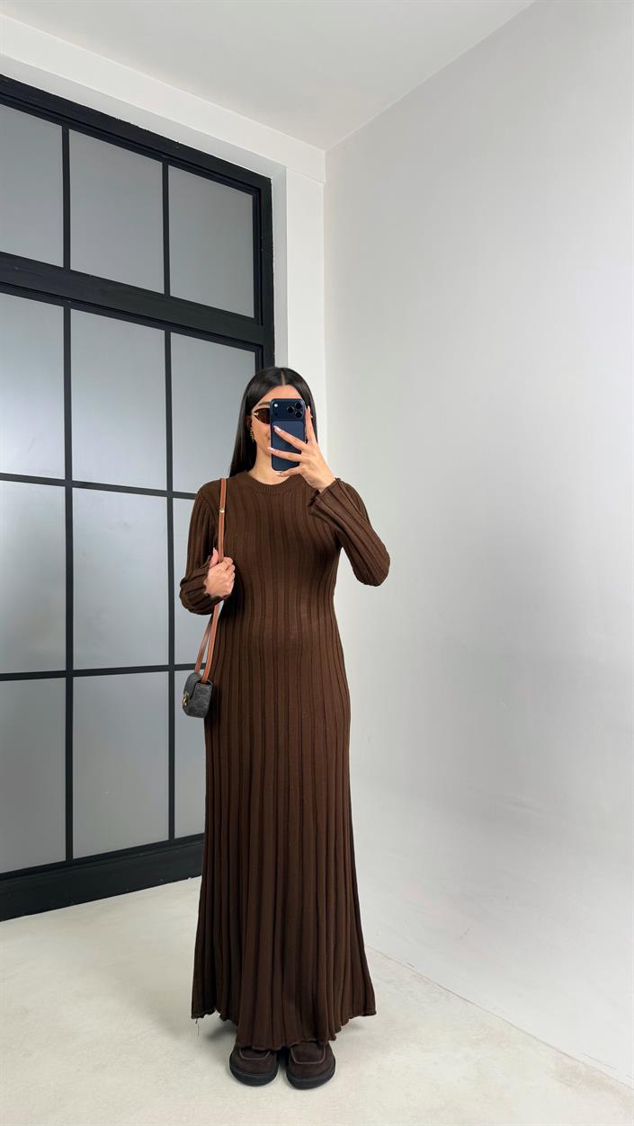 Kahve Kuşak Detaylı Triko Elbise GAUS-00812