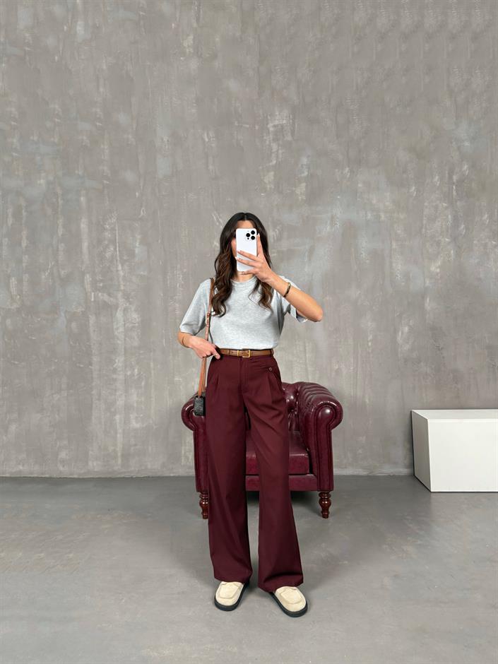 Rigal Bordo Ön Düğme Detaylı Kumaş Pantolon