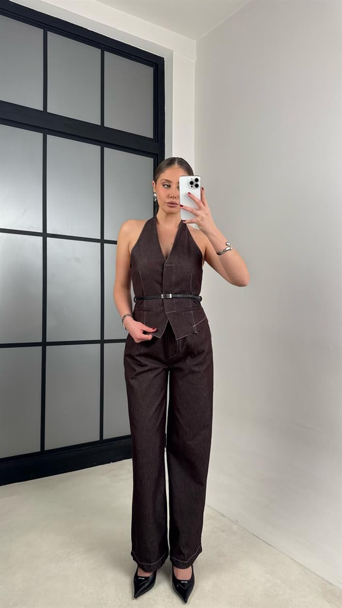 Mürdüm Kemerli Yelek Pantolon İkili Denim Takım GAUS-00997