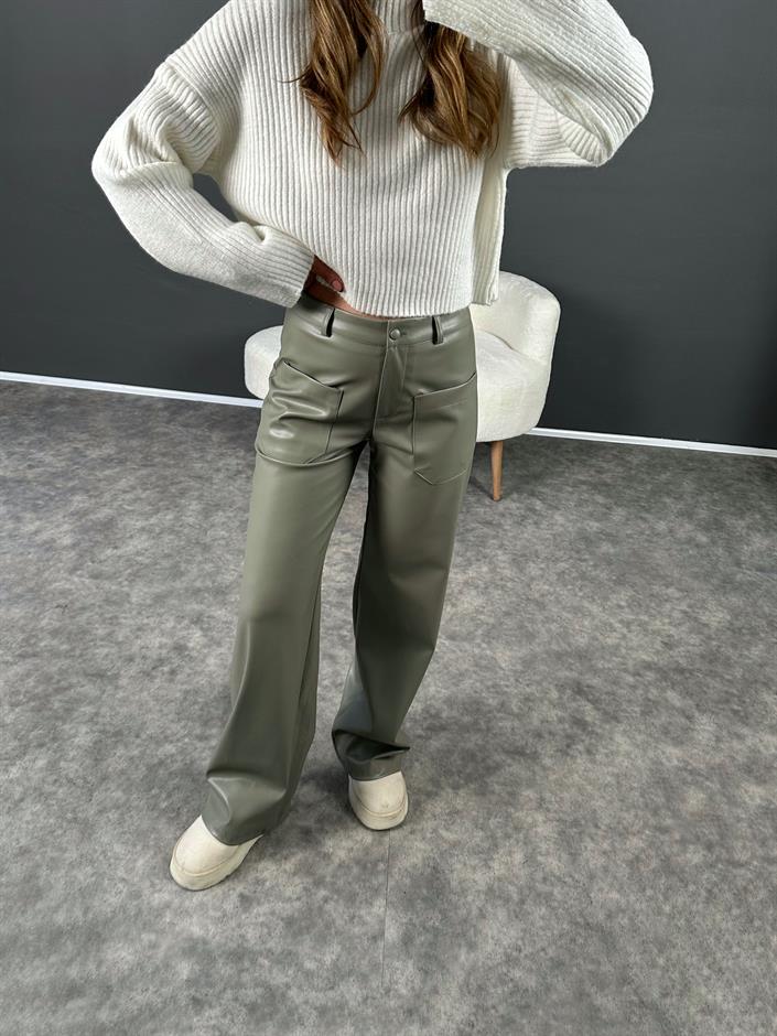 Haki Ön Cepli Şardonlu Deri Pantolon