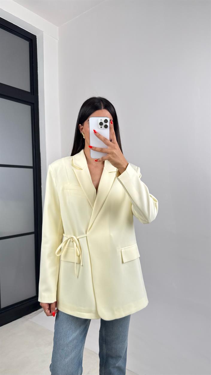 Sarı Astarlı Vatkalı Önden Bağlama Detaylı  Blazer Ceket GAUS-0068