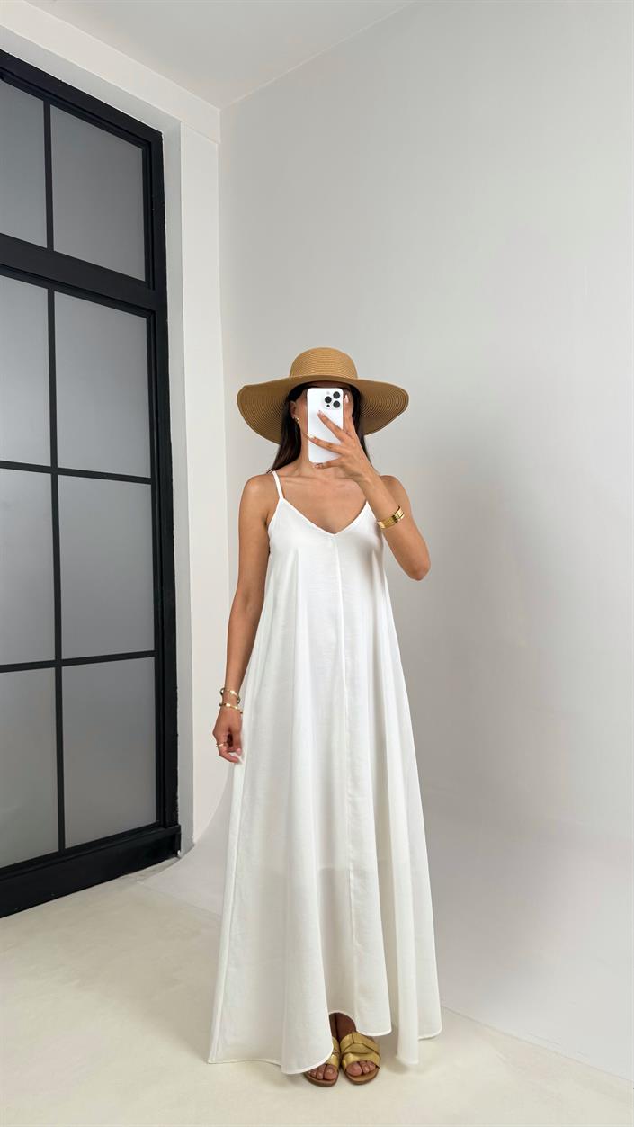 Beyaz Ayarlanabilir Askılı Astarlı Tencel Elbise Gaus00690