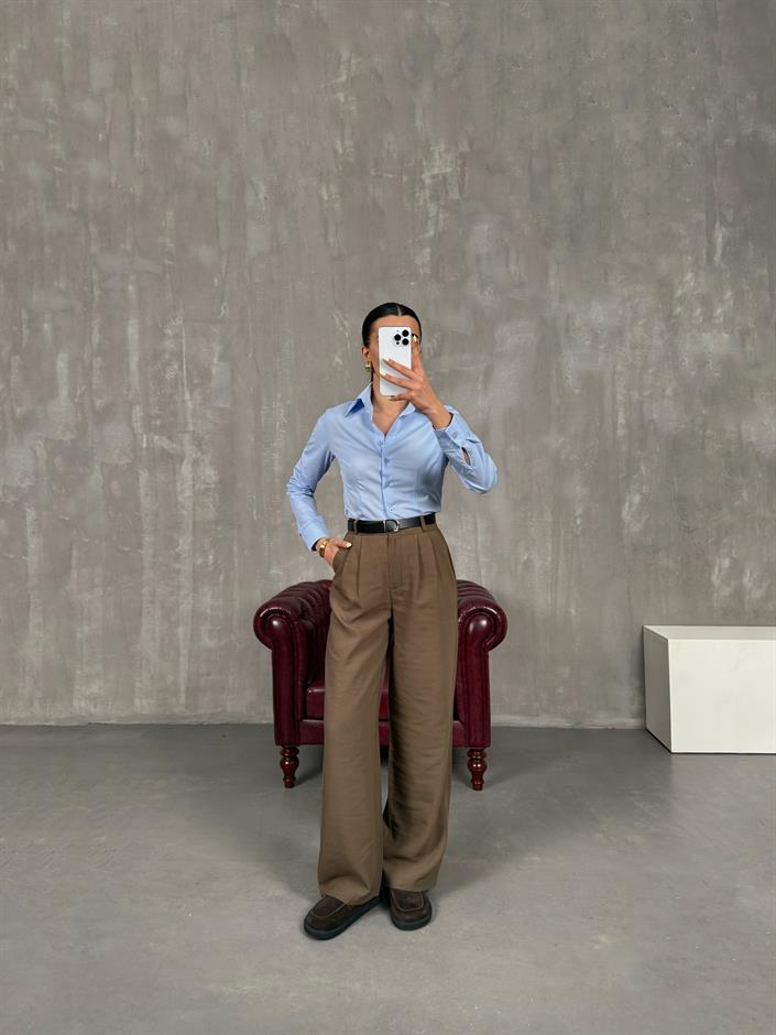 Kahve Kemerli İthal Kumaş Palazzo Pantolon Gaus00090