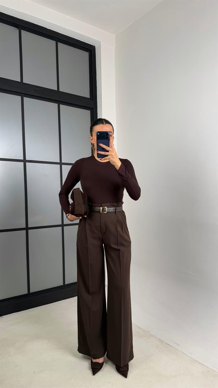 Acı Kahve Pile Detaylı Kemerli Kumaş Pantolon GAUS-00695