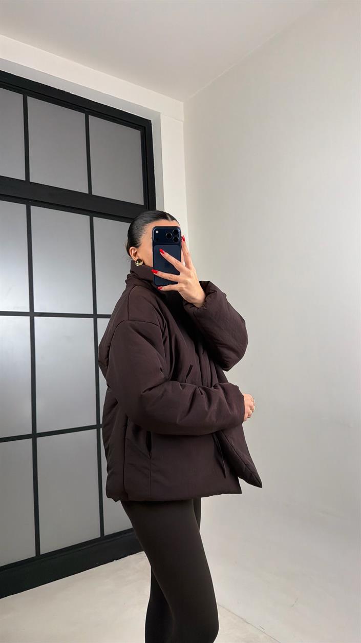 Acı Kahve Astarlı Bağlama Detaylı Şişme Mont GAUS-01011