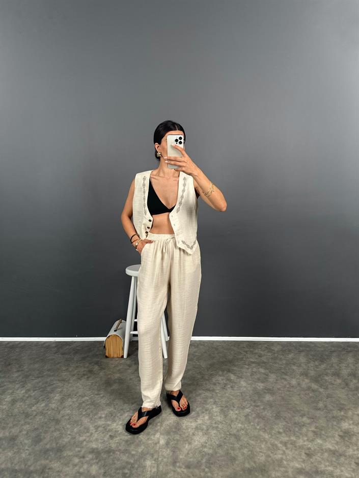 Menix Taş Müslin Kumaş Paçası Saçaklı Pantolon