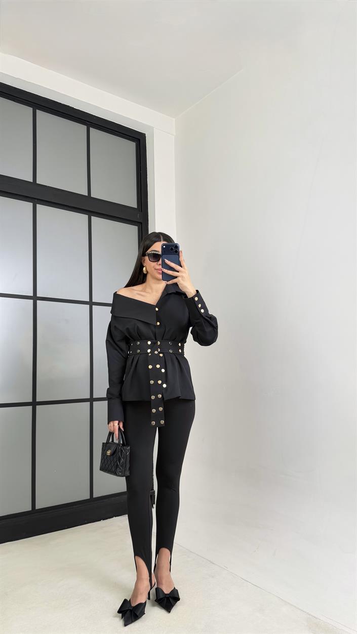 Siyah Zımba Detaylı Kemerli Tasarım Gömlek GAUS-01071