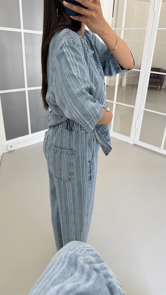 Mavi Tasarım Ceket Pantolon Çizgili Tencel Denim Takım GAUS-01687