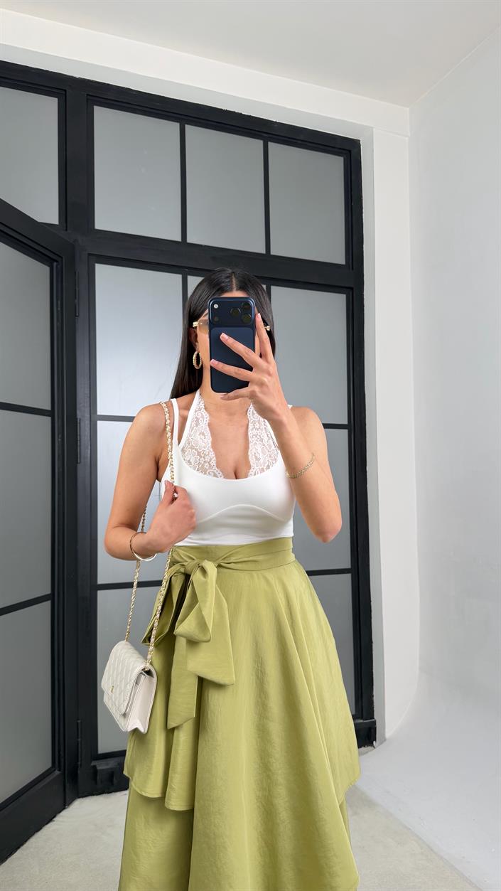 Yeşil İthal Tencel Kumaş Tasarım Etek Pantolon GAUS-01412