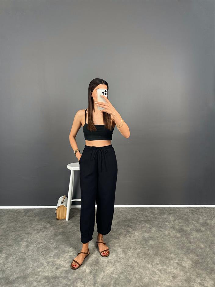 Lonsa Siyah Müslin Kumaş Pantolon