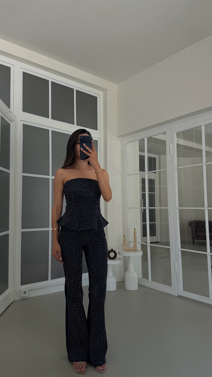 Lacivert Bluz Pantolon Taş Detaylı Premium Denim Takım GAUS-01793
