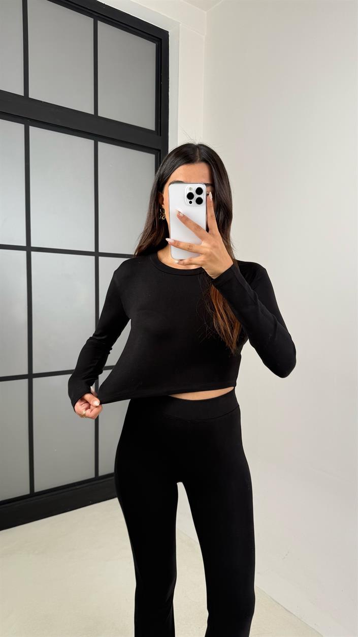 Siyah Bisiklet Yaka Bluz Beli Lastikli Pantolon İkili Yumuşak Likralı Takım GAUS-00111