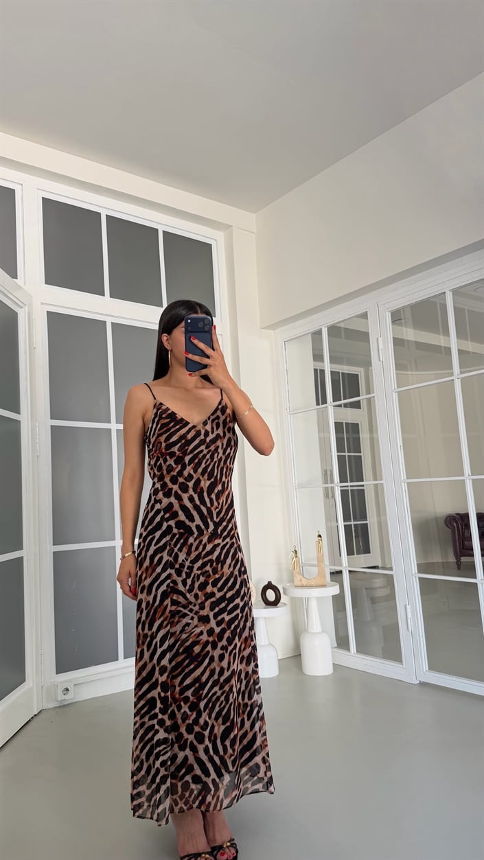 Leopar Desenli Sırt Dekolteli Astarlı Elbise GAUS-01814