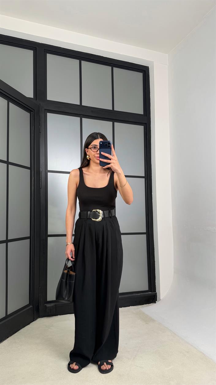 Siyah Kemerli Geniş Paça Pantolon GAUS-01339