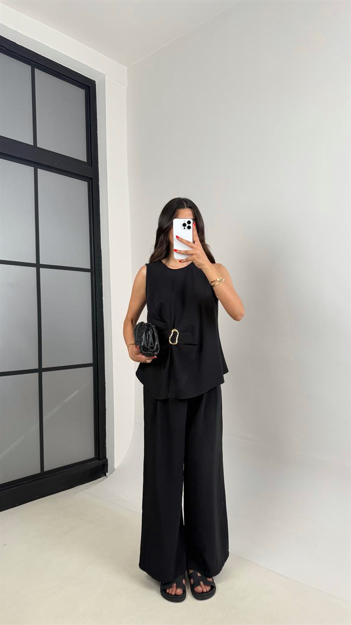 Siyah Gold Detaylı Bluz Balon Pantolon İkili Tencel Takım Gaus00510