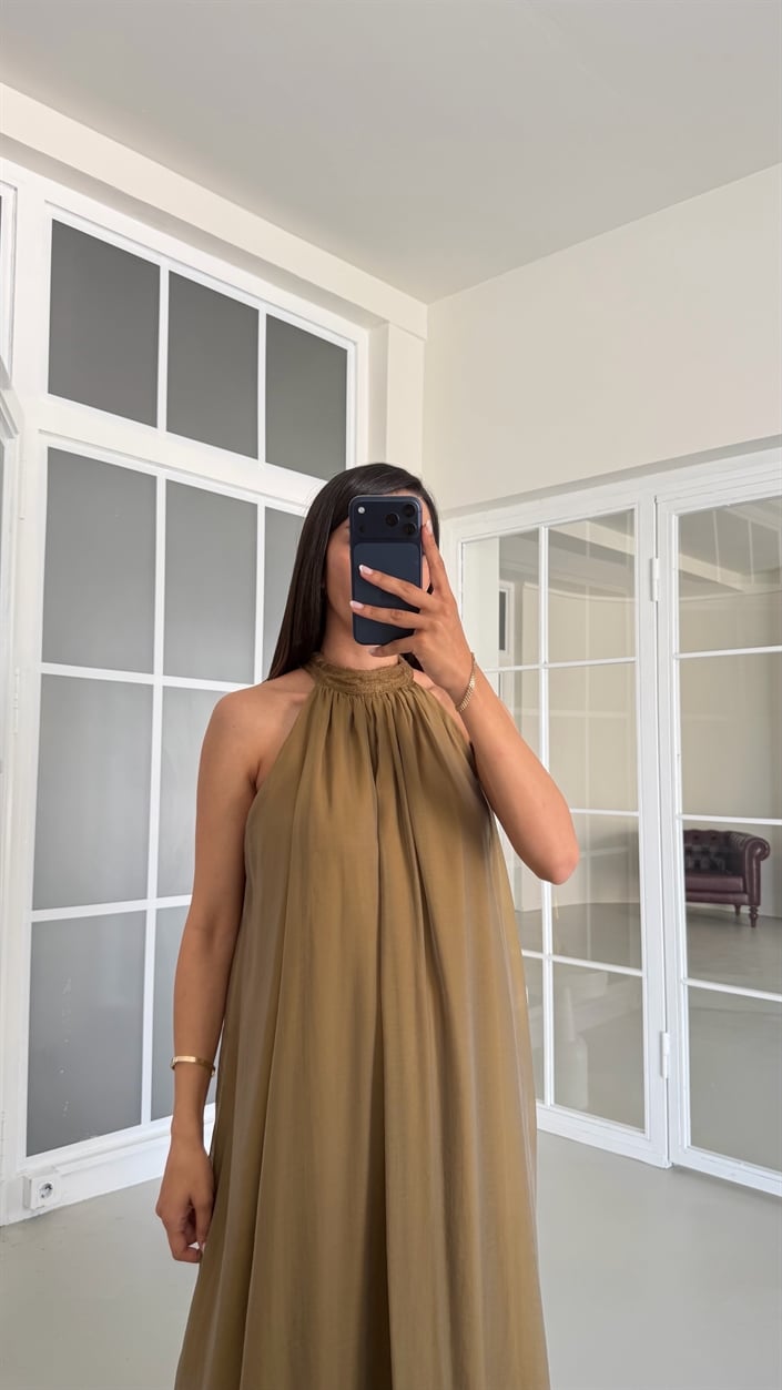 Yağ Yeşili Halter Yaka Dantel Detaylı Astarlı Elbise GAUS-01710