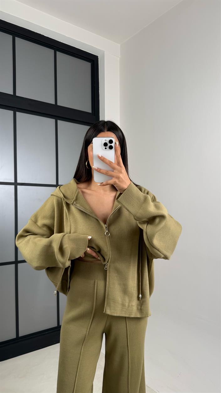 Haki Kapüşonlu Hırka Beli Lastikli Pantolon İkili Triko Takım GAUS-00564