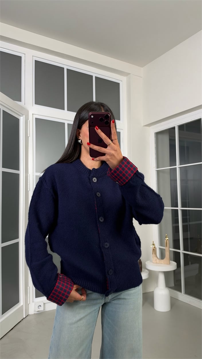 Lacivert Ekose Detaylı Hırka GAUS-02302