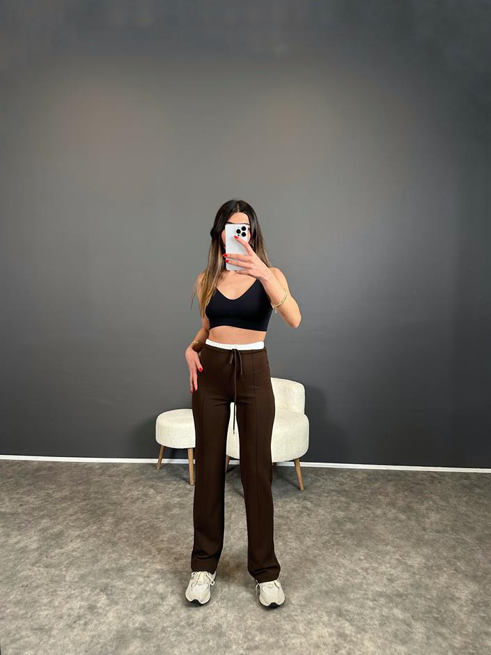 Maso Kahverengi Bel Detaylı Çımalı Likralı Pantolon