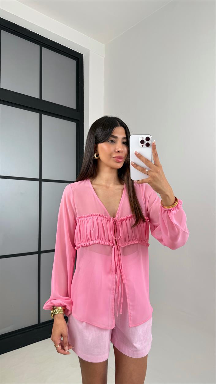 Pembe Önü Bağlamalı Transparan Gömlek Keten Şort Takım Gaus00615