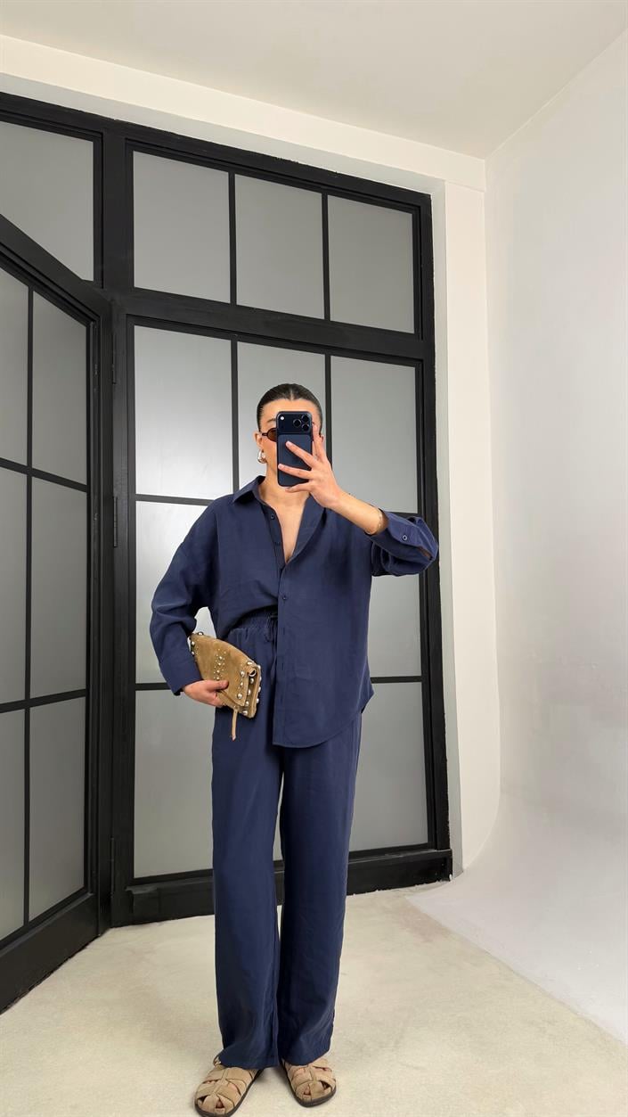 Lacivert MD Muadil Gömlek Beli Lastikli Pantolon Tencel Takım GAUS-01278
