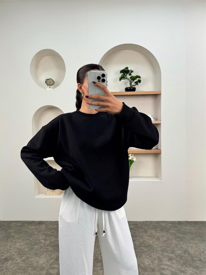 Meksa Siyah Bisiklet Yaka Şardonlu Sweatshirt