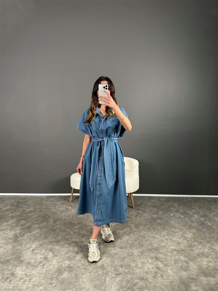 Vogi Mavi Premium Kalite Oversize Uzun Kemerli Kot Elbise