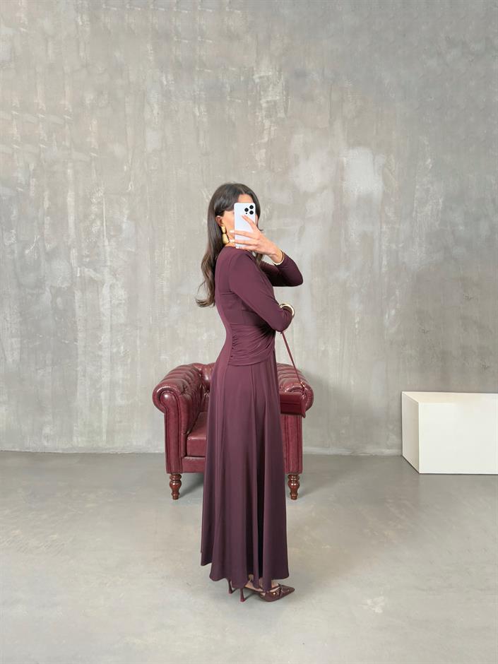 Daisy Mürdüm Önden Drape Detaylı Vatkalı Maxi Elbise