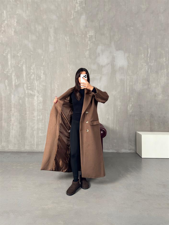 Veco Acı Kahve Astarlı Düğmeli Premium Kaban