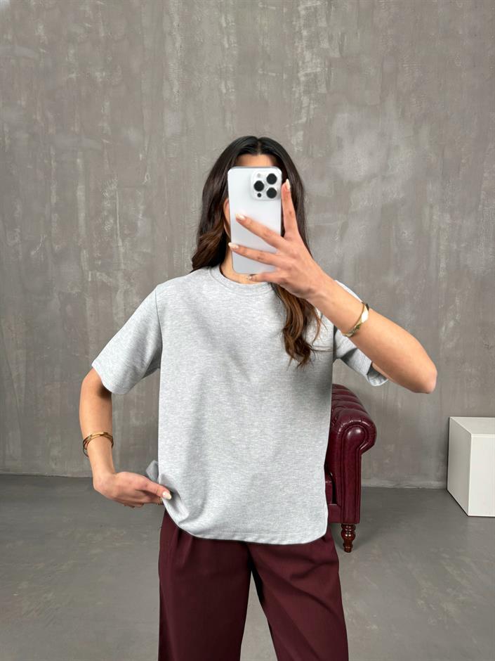 Nivon Gri Pamuklu Bisiklet Yaka Basic Tshirt