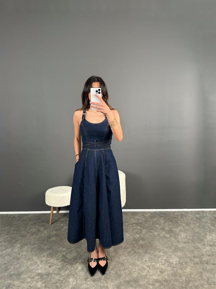 Laren Uzun Mavi Tasarım Bağlama Detay Denim Elbise
