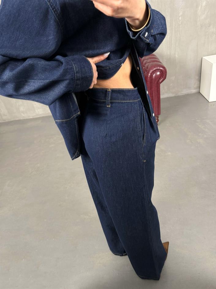 Koyu Mavi Çıtçıt Düğmeli Gömlek Pantolon Denim Takım Gaus0002