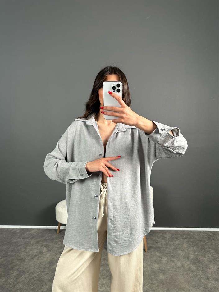 Daria Gri Keten Oversize Gömlek