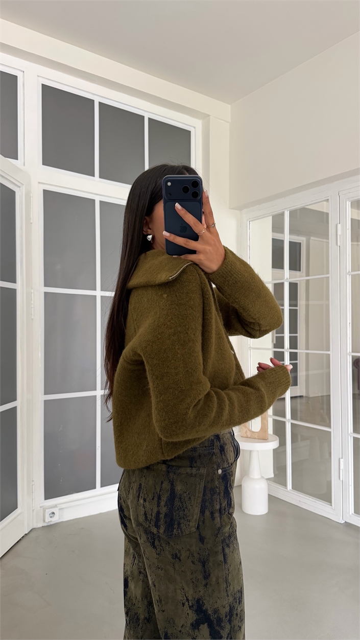 Yeşil Yumuşak Dokulu Çift Fermuarlı Triko Hırka GAUS-02167
