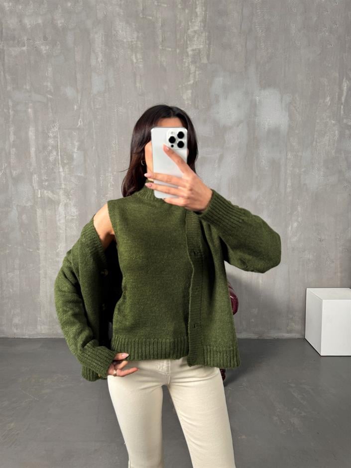 Jenny Haki Balıkçı Yaka Süveter Hırka İkili Takım