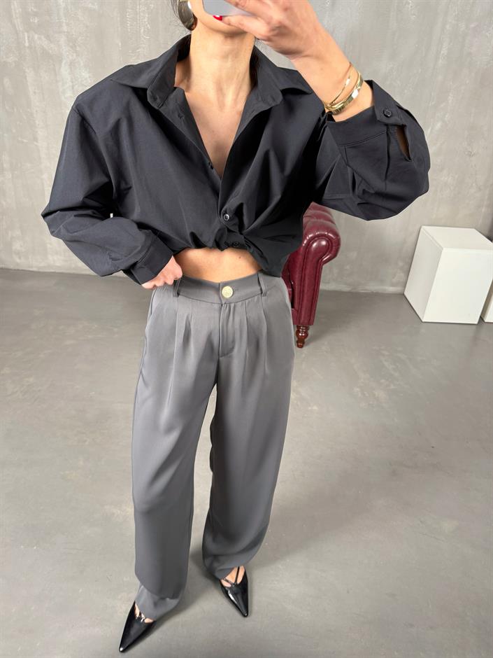 Sagura Gri Beli Lastikli Cepli Premium Pantolon