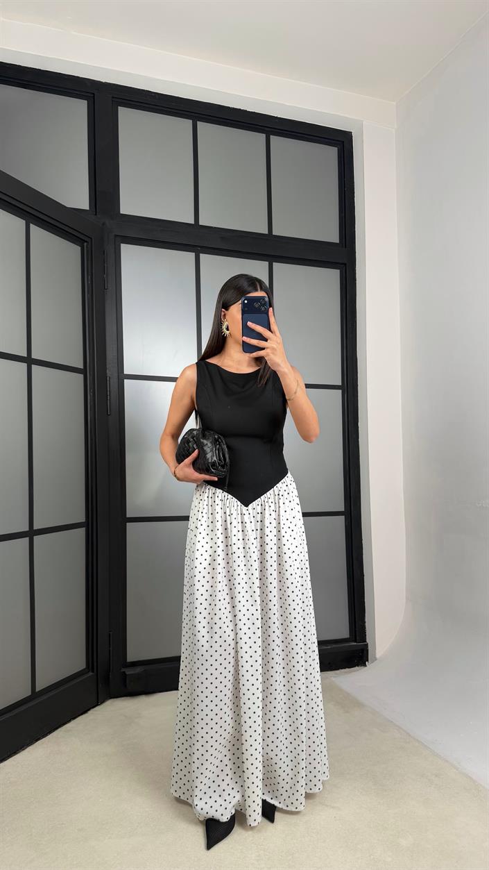 Siyah Belden Oturtmalı Puantiyeli Elbise PNY07 GAUS-01326