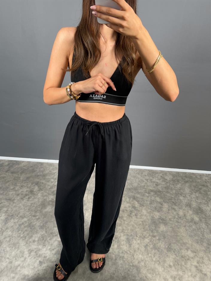 MD Siyah Beli Lastikli Cepli  İthal Kumaş Rahat Dokuma Muadil Pantolon