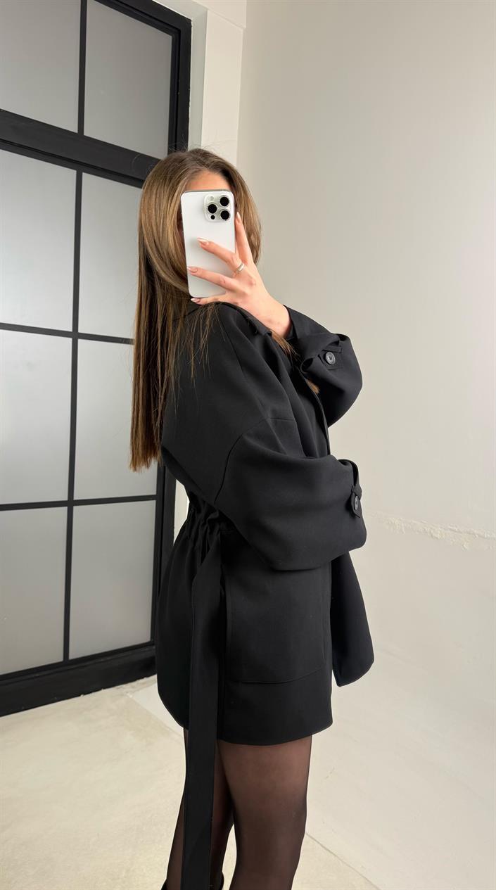 Siyah Astarlı Kuşaklı Premium Trençkot GAUS-00977