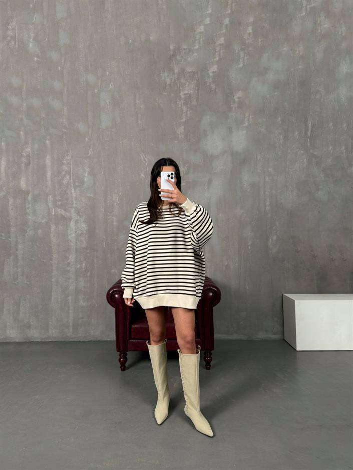 Felisya Bordo Çizgili Üç İplik Şardonlu Sweat