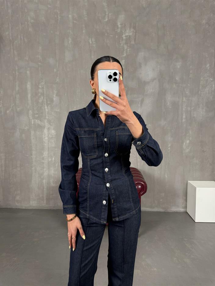 Lacivert Belden Oturtmalı Ceket Pantolon Denim Takım Gaus00084