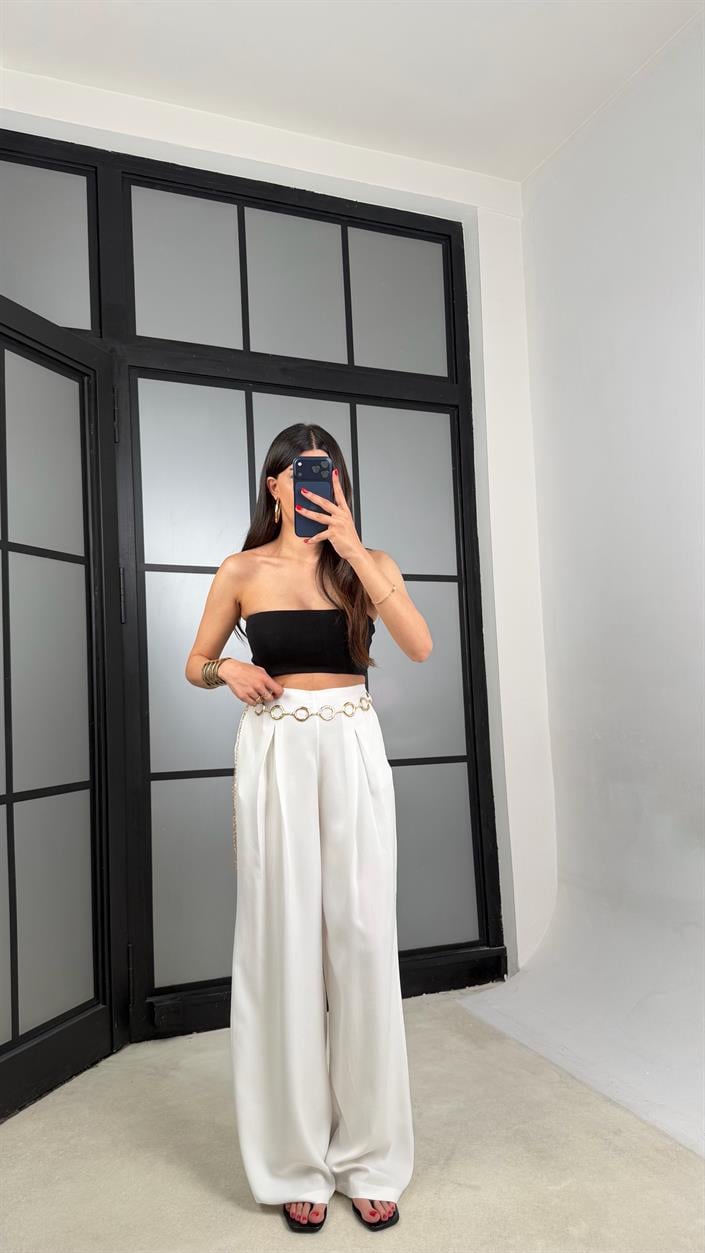 Ekru Gold Zincirli Kemer Muadil Tencel Pantolon GAUS-01556